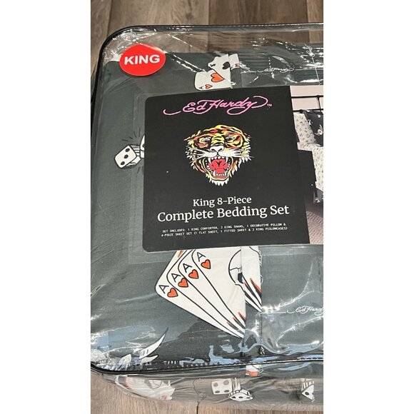 New Ed Hardy King 8Pc Complete Bedding Set Comforter Sheet Pillowcase Black - Picture 9 of 12